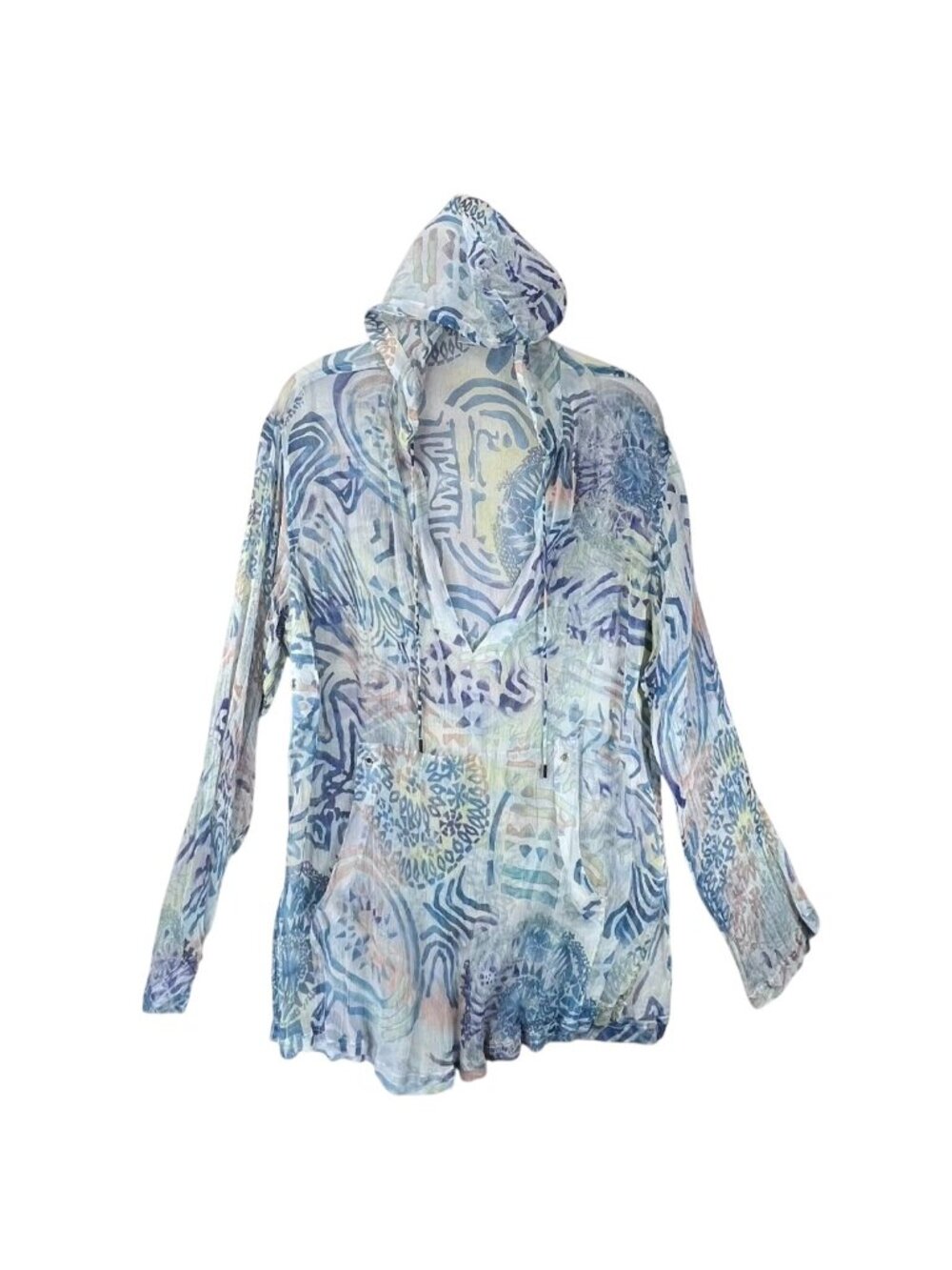 Chicos 100% Silk Abstract Tribal Print Sheer Hoodie Swim Cover up Blue Size 2 L